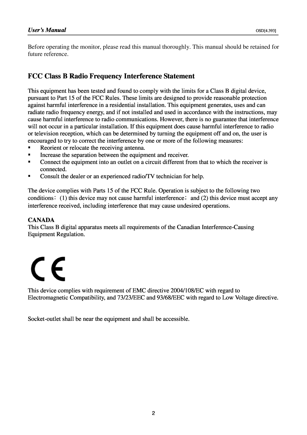 Hanns.G HL195, HSG1145 manual FCC Class B Radio Frequency Interference Statement, User’s Manual, Canada 