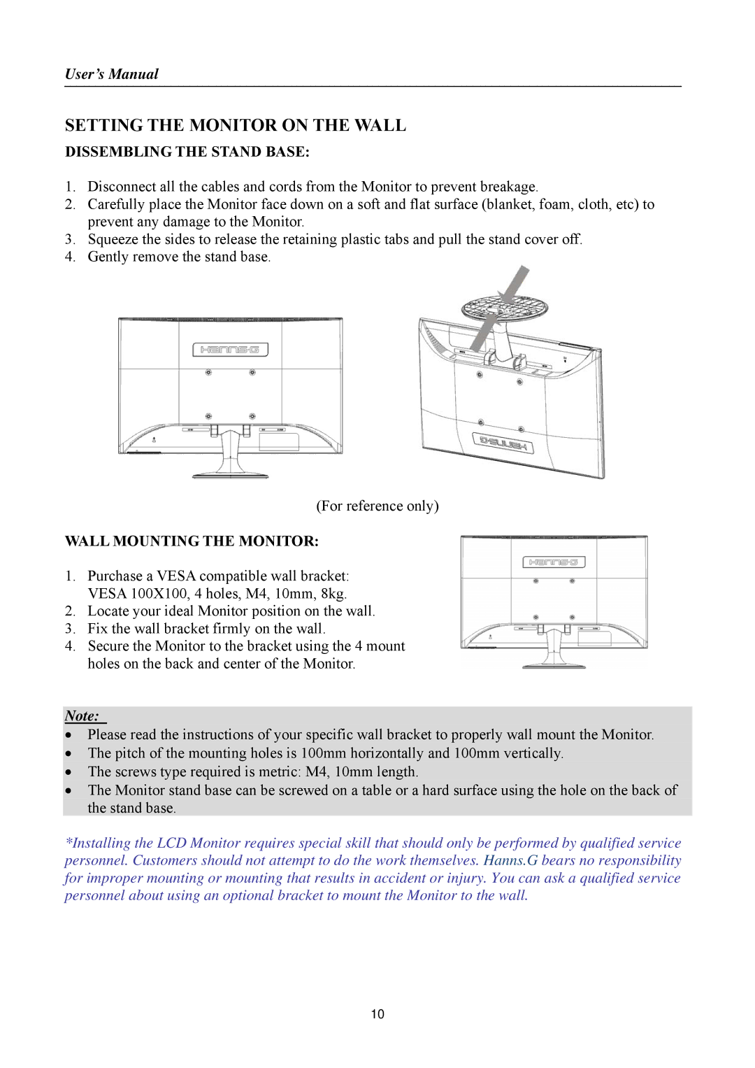 Hanns.G HL225, HSG 1147 manual Setting the Monitor on the Wall, Dissembling the Stand Base, Wall Mounting the Monitor 