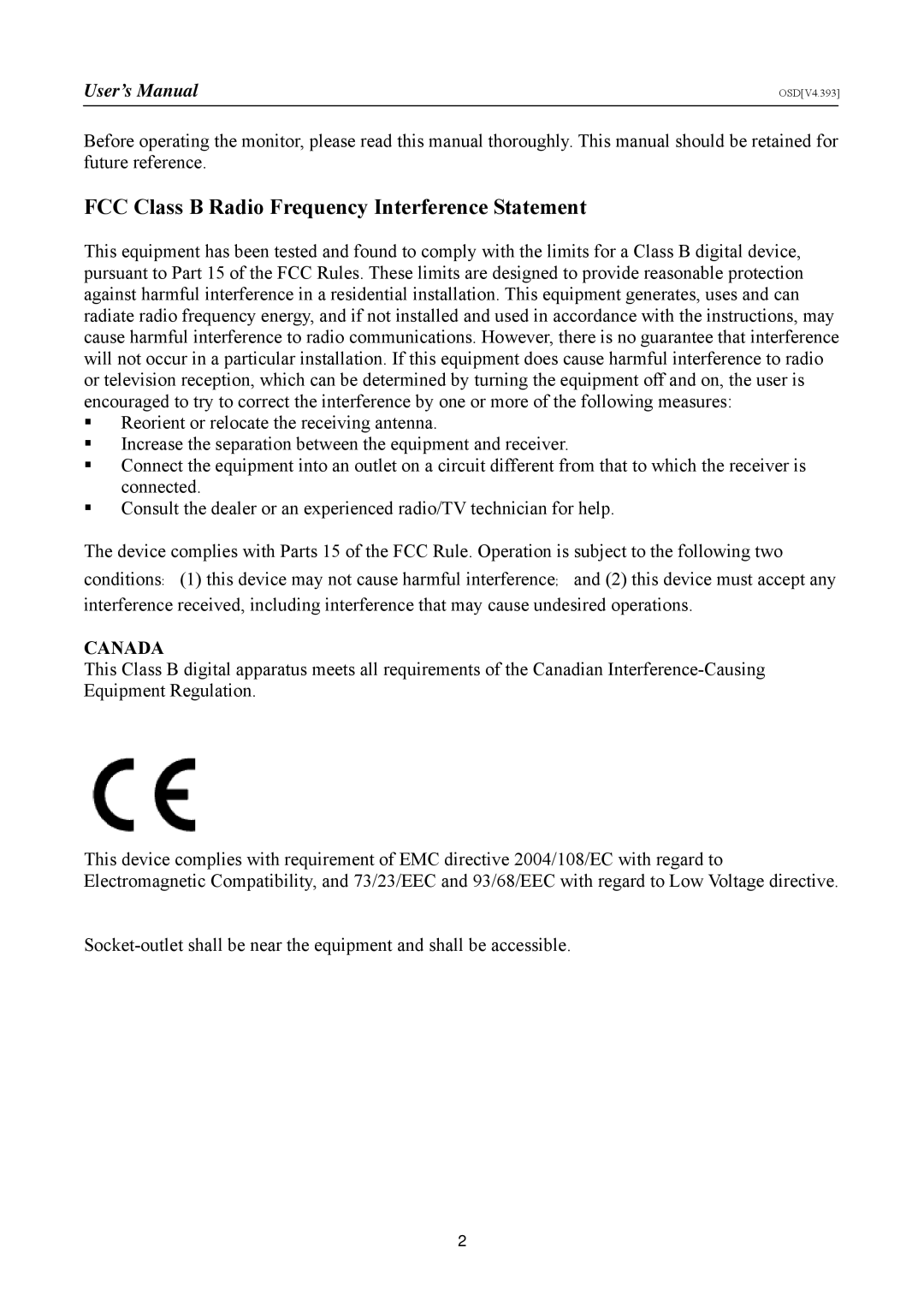 Hanns.G HL225, HSG 1147 manual FCC Class B Radio Frequency Interference Statement, Canada 