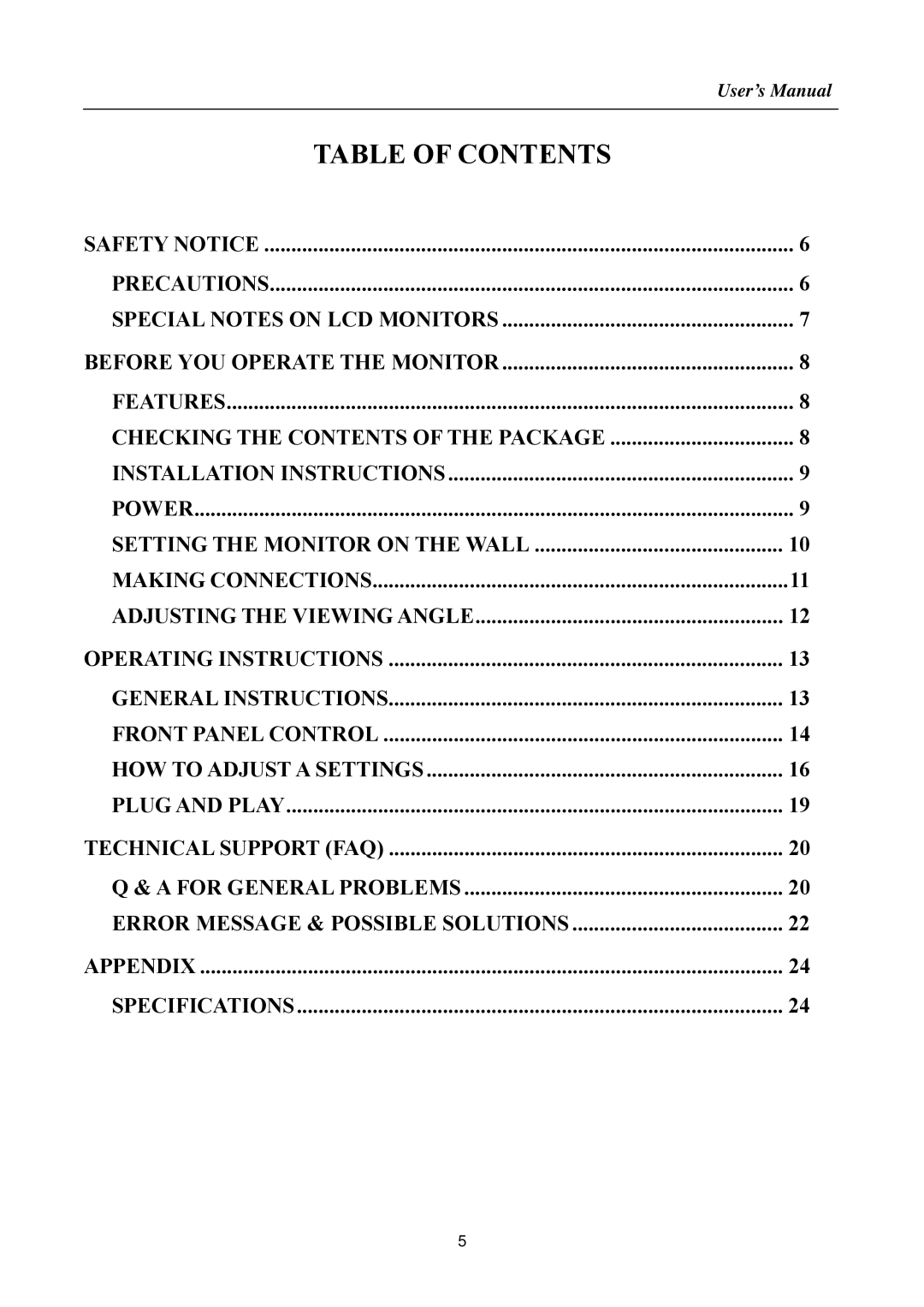 Hanns.G HSG 1147, HL225 manual Table of Contents 