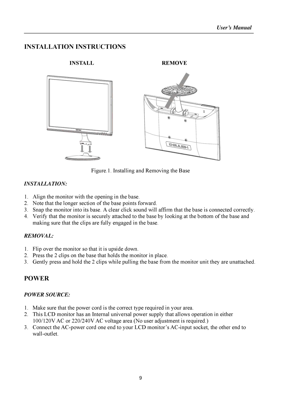 Hanns.G HSG 1147, HL225 manual Installation Instructions, Power, Installremove 