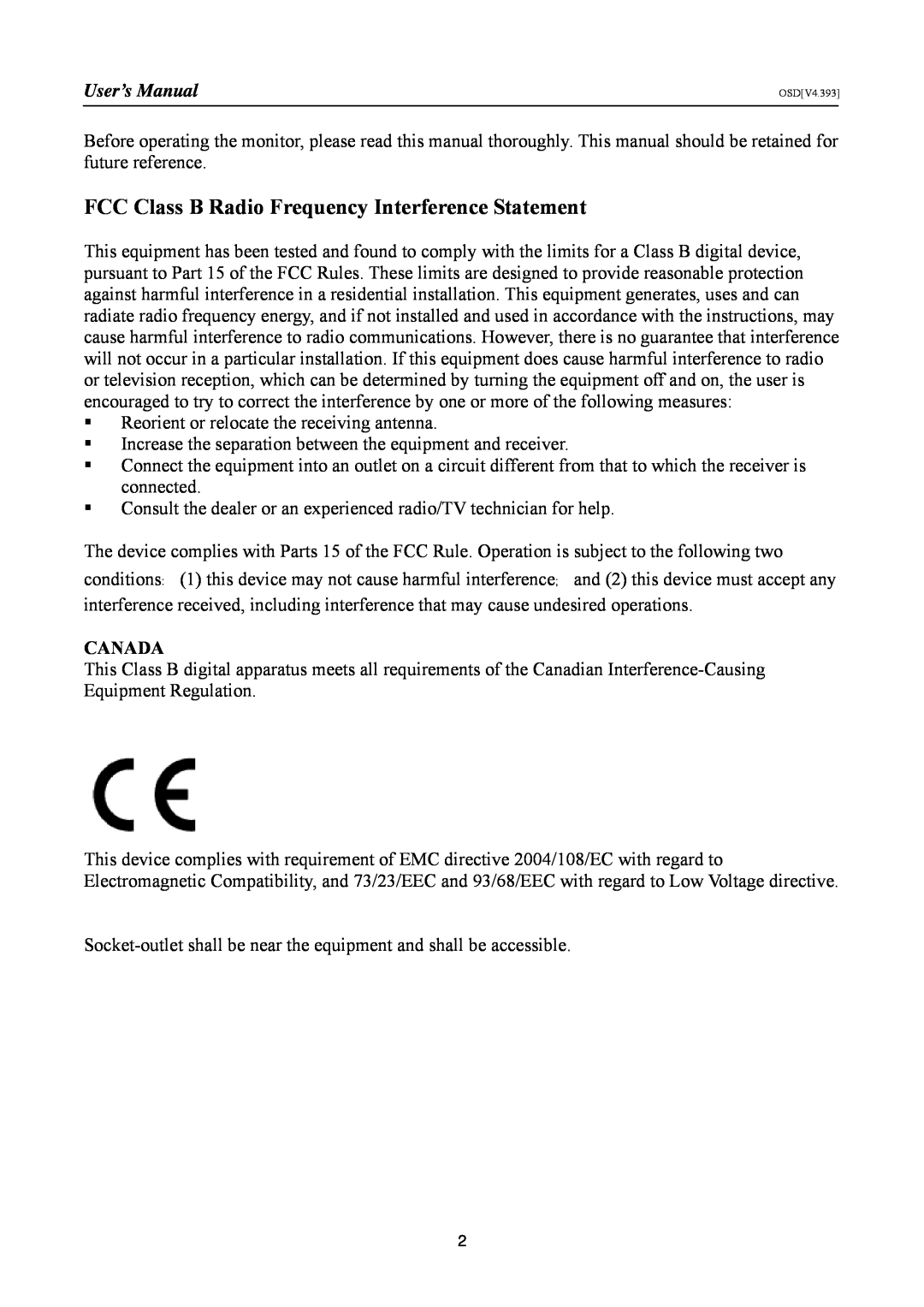 Hanns.G HL225, HSG 1147 manual FCC Class B Radio Frequency Interference Statement, User’s Manual, Canada 