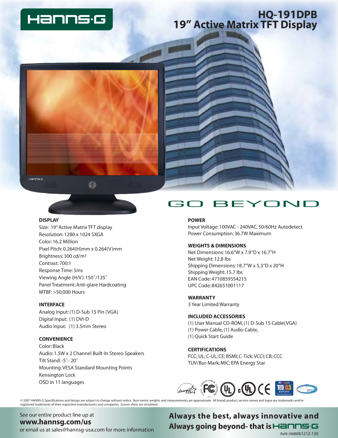 Hanns.G HQ-191DPB dimensions Active Matrix TFT Display 