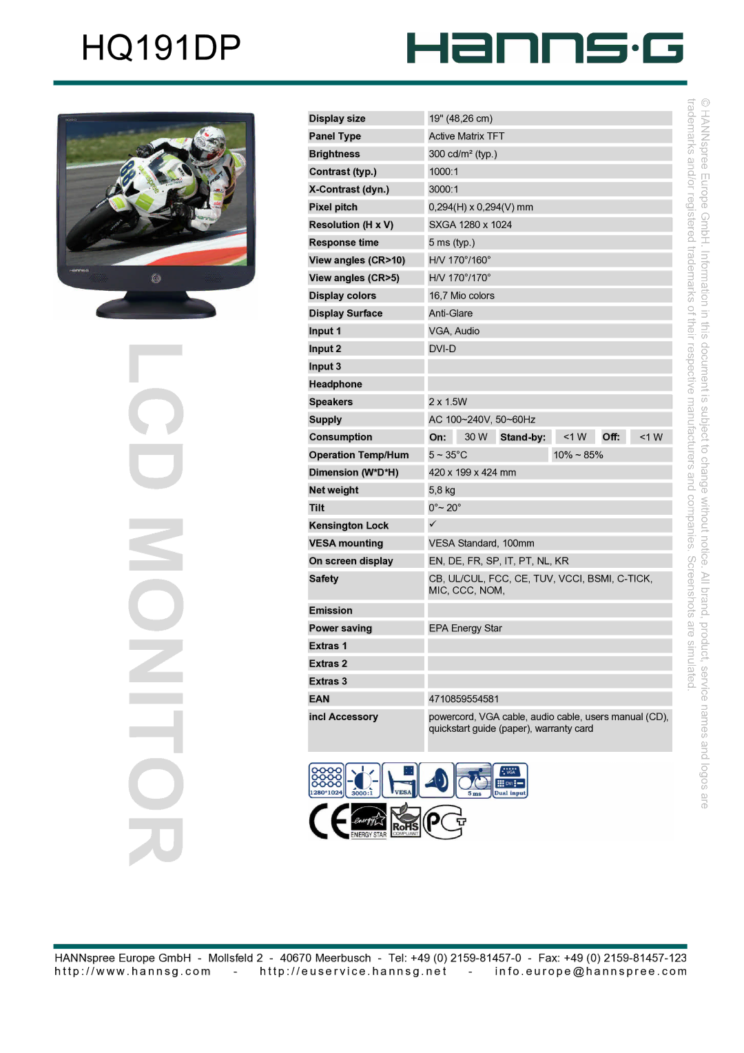 Hanns.G HQ191DP user manual LCD Monitor, Are simulated, Names and logos are 