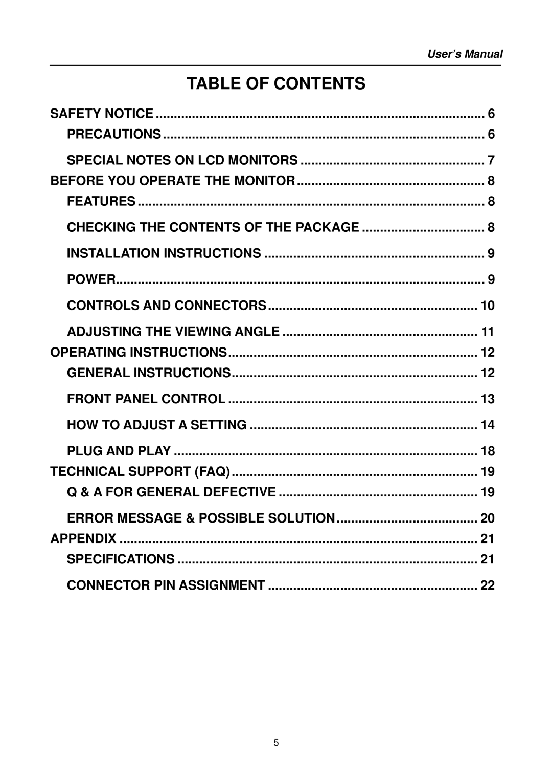 Hanns.G HS191 user manual Table of Contents 