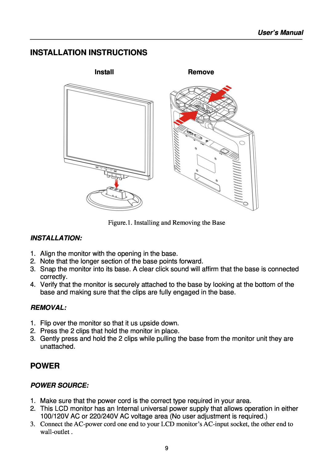 Hanns.G HS191 user manual Installation Instructions, InstallRemove, Removal, Power Source, User’s Manual 