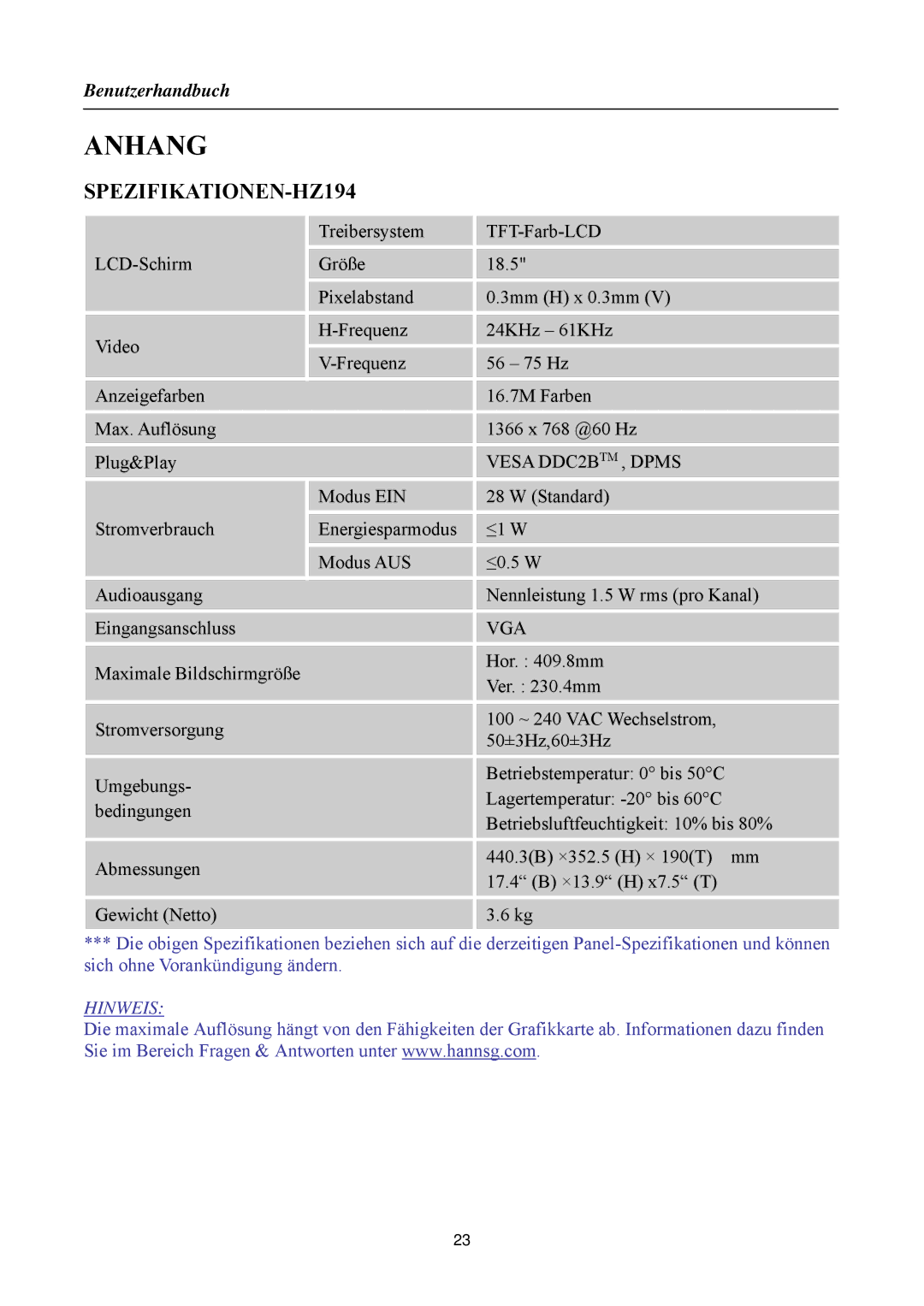 Hanns.G HSG 1081, HSG 1088, HSG 1084, HSG 1083, HSG 1082 manual Anhang, SPEZIFIKATIONEN-HZ194, Vesa DDC2BTM , Dpms, Vga 