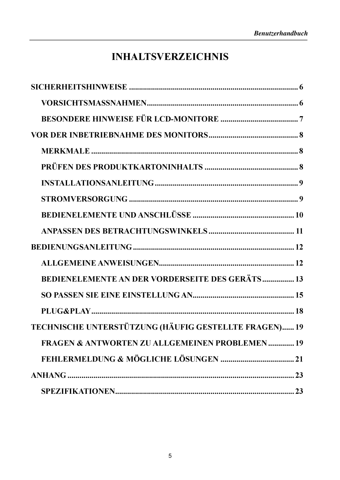 Hanns.G HSG 1088, HSG 1084, HSG 1083, HSG 1081, HSG 1082 manual Inhaltsverzeichnis 