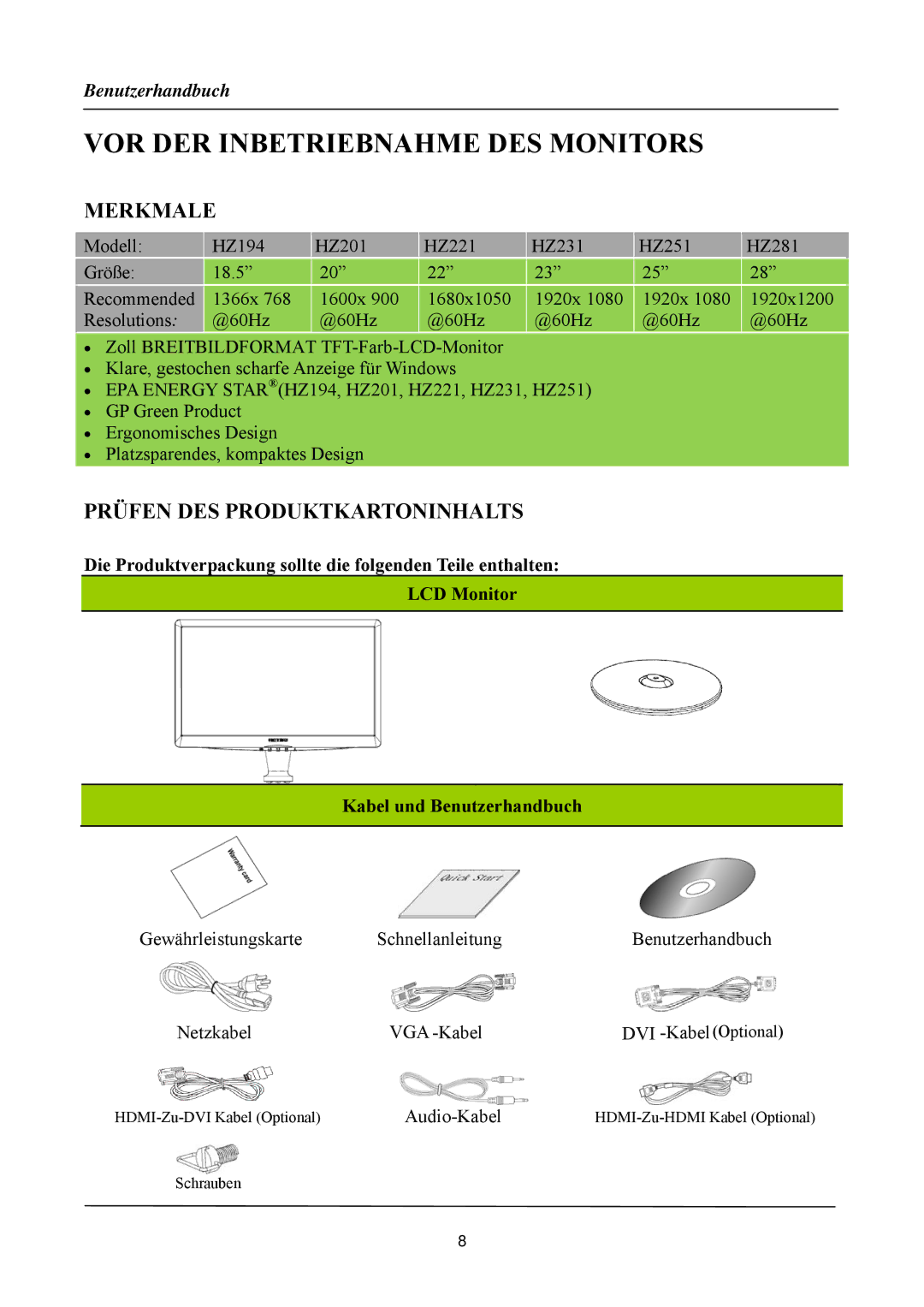 Hanns.G HSG 1081, HSG 1088, HSG 1084 manual VOR DER Inbetriebnahme DES Monitors, Merkmale, Prüfen DES Produktkartoninhalts 