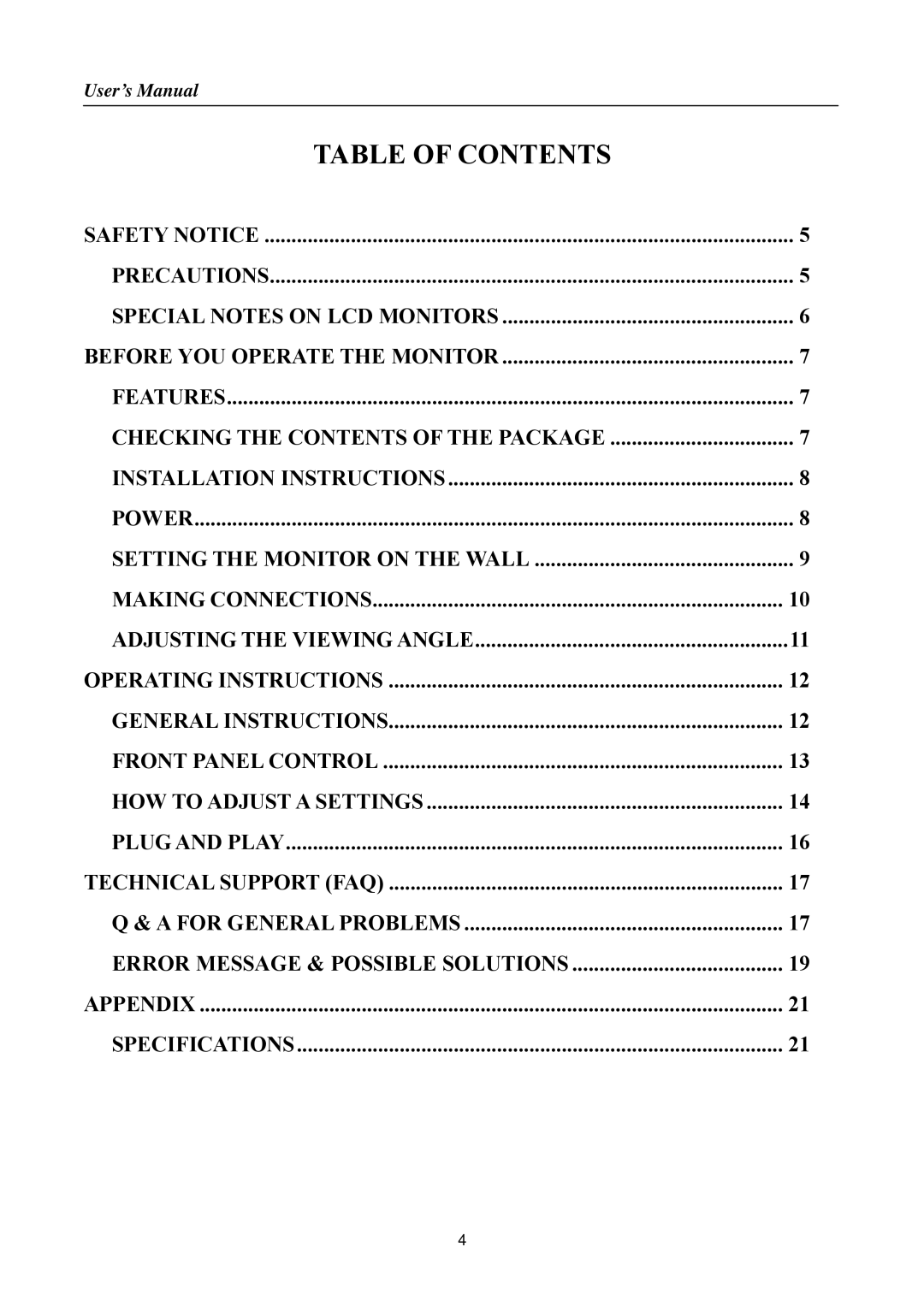 Hanns.G HSG 1155, HS233 manual Table of Contents 