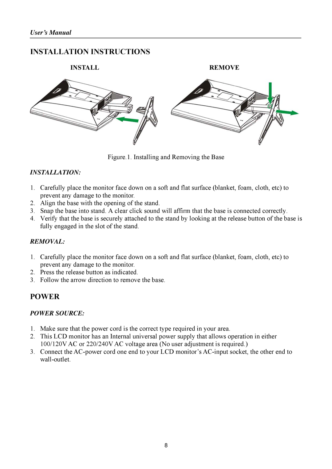 Hanns.G HSG 1155, HS233 manual Installation Instructions, Removal, Power Source 