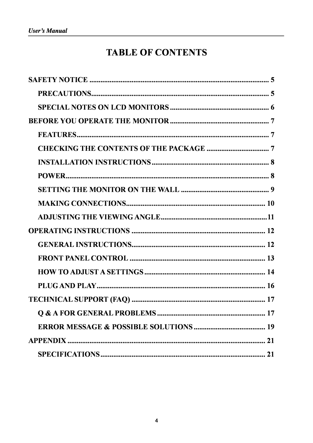 Hanns.G HSG 1155, HS233 manual Table Of Contents, Error Message & Possible Solutions 