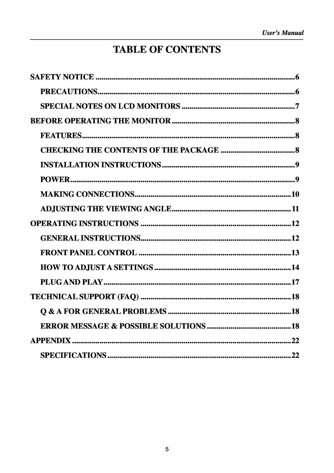 Hanns.G HSG1033 manual Table Of Contents 