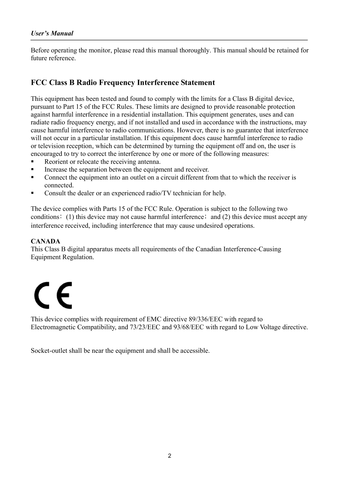 Hanns.G HSG1044, HW173 manual FCC Class B Radio Frequency Interference Statement 