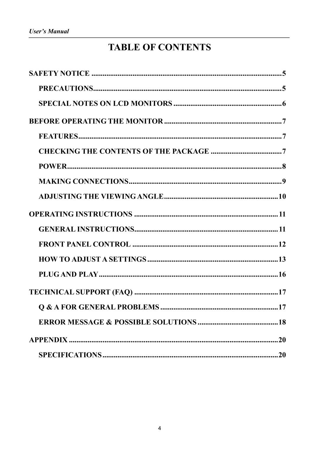 Hanns.G HW173 manual Table of Contents 