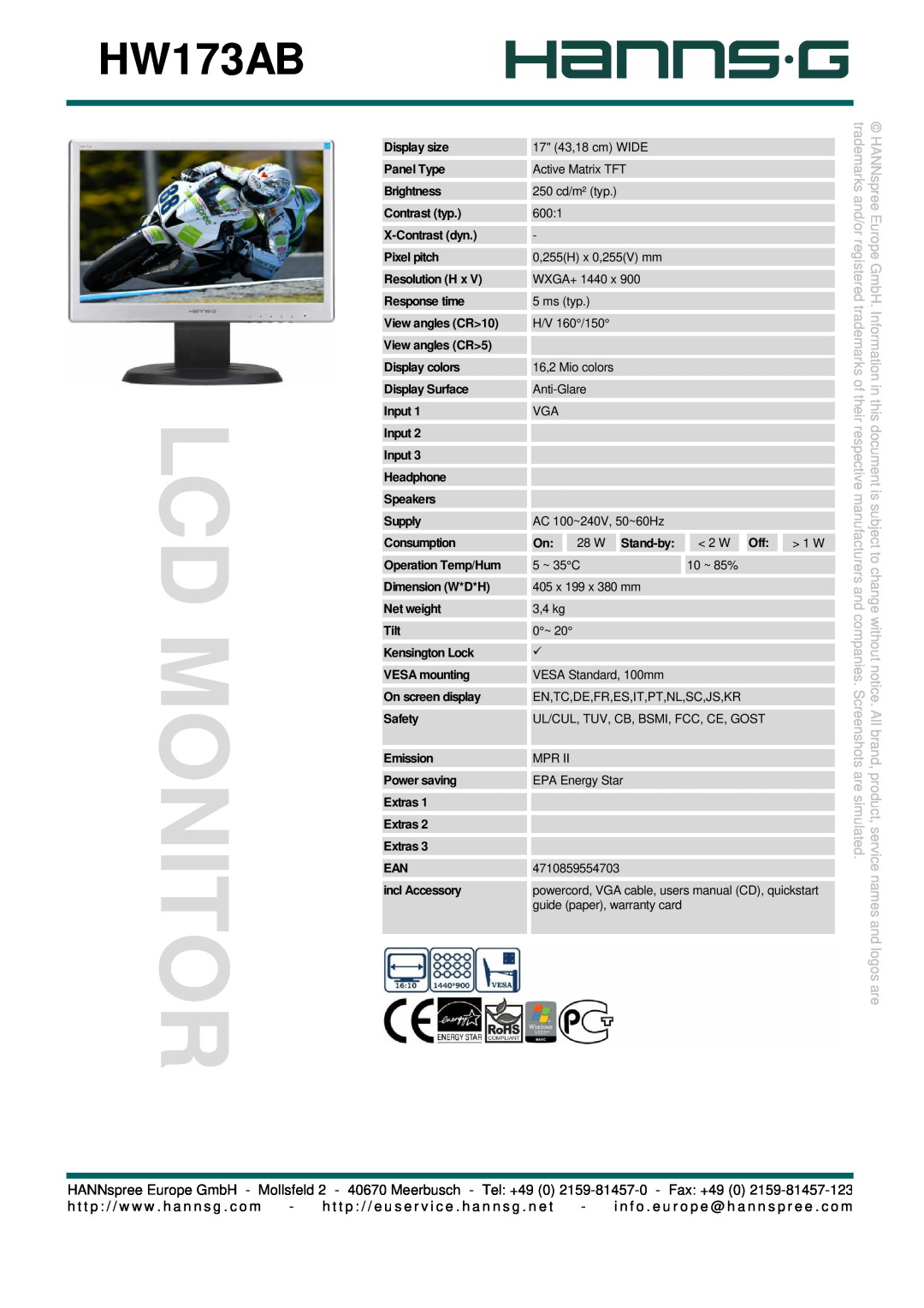 Hanns.G HW173AB user manual Lcd Monitor, are simulated, names and logos are, trademarks and/or registered 