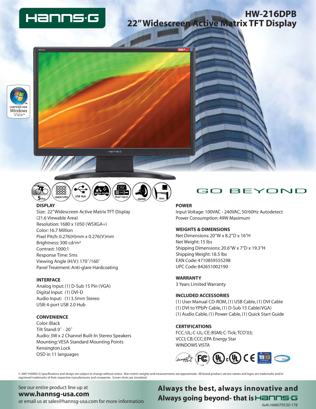 Hanns.G HW-216DPB, HW216D dimensions 22Widescreen Active Matrix TFT Display 