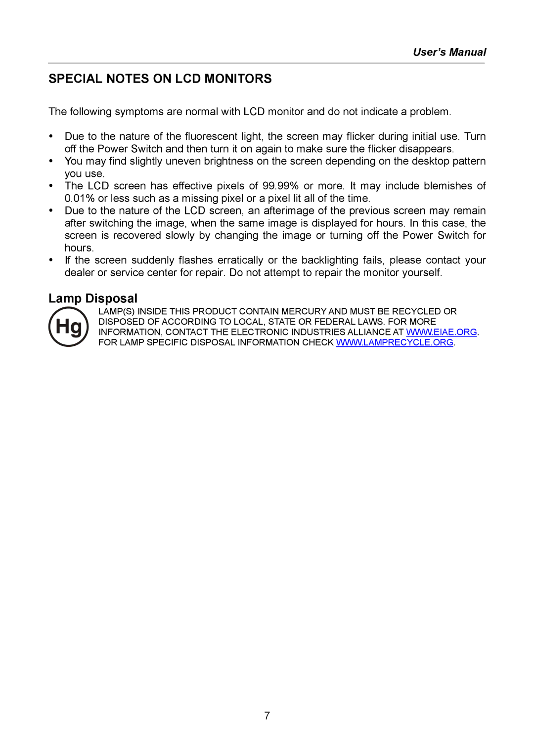 Hanns.G HW222, HW223 manual Special Notes on LCD Monitors 