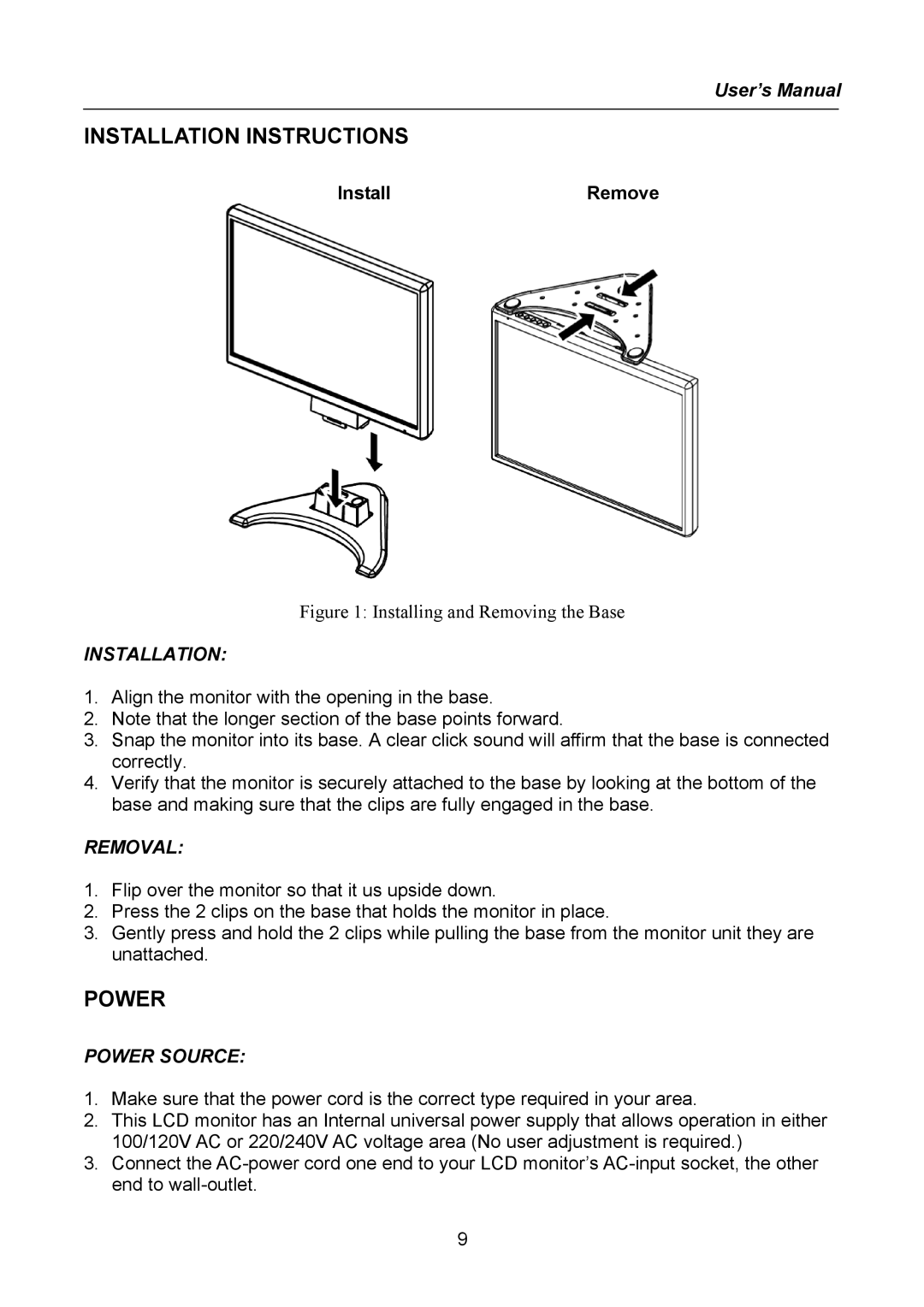 Hanns.G HW222, HW223 manual Installation Instructions, Power, InstallRemove 