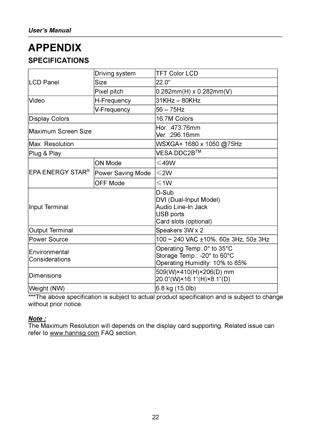 Hanns.G HW223, HW222 user manual Appendix, Specifications, Vesa DDC2BTM, EPA Energy Star 