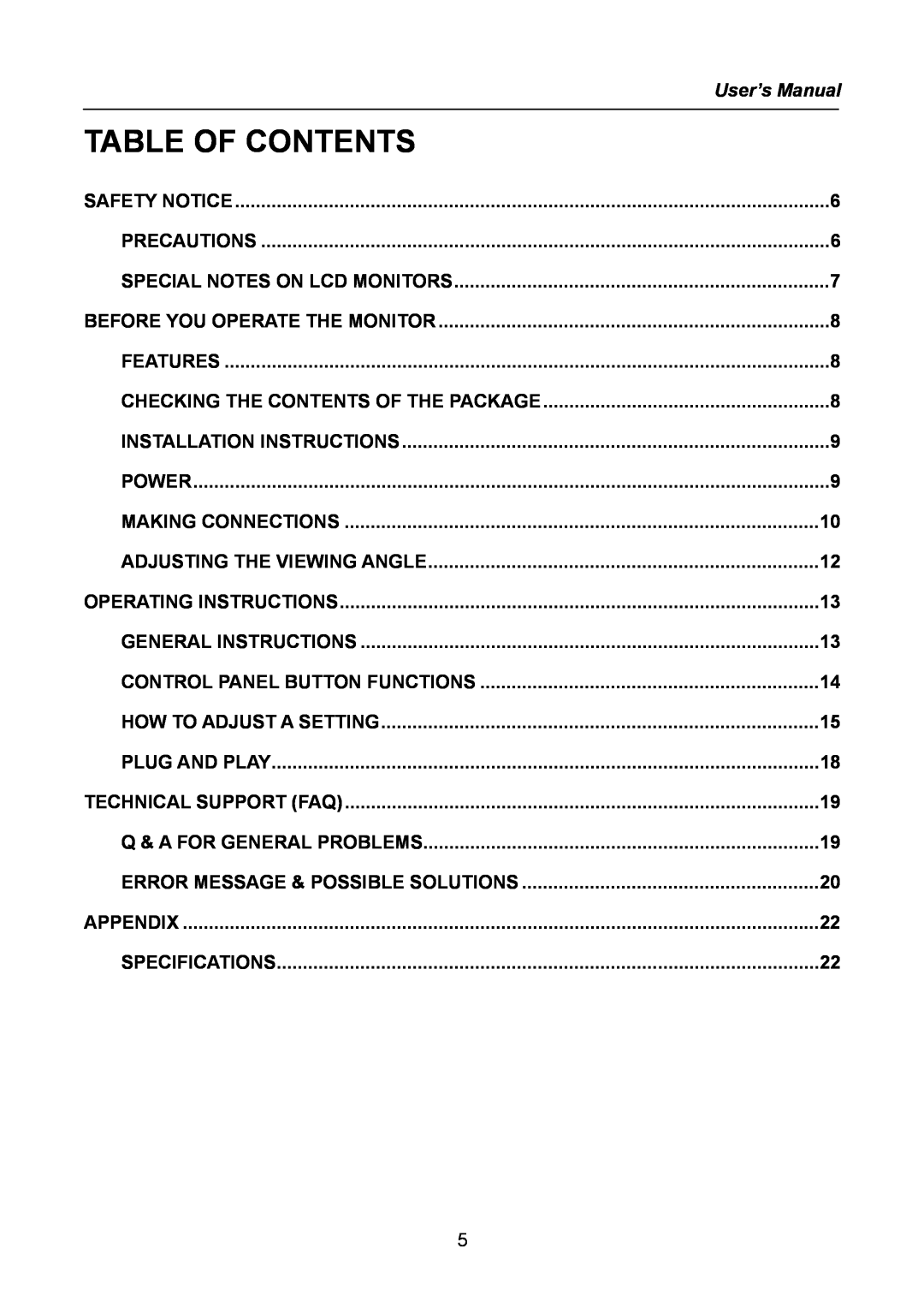 Hanns.G HW222, HW223 user manual Table Of Contents 