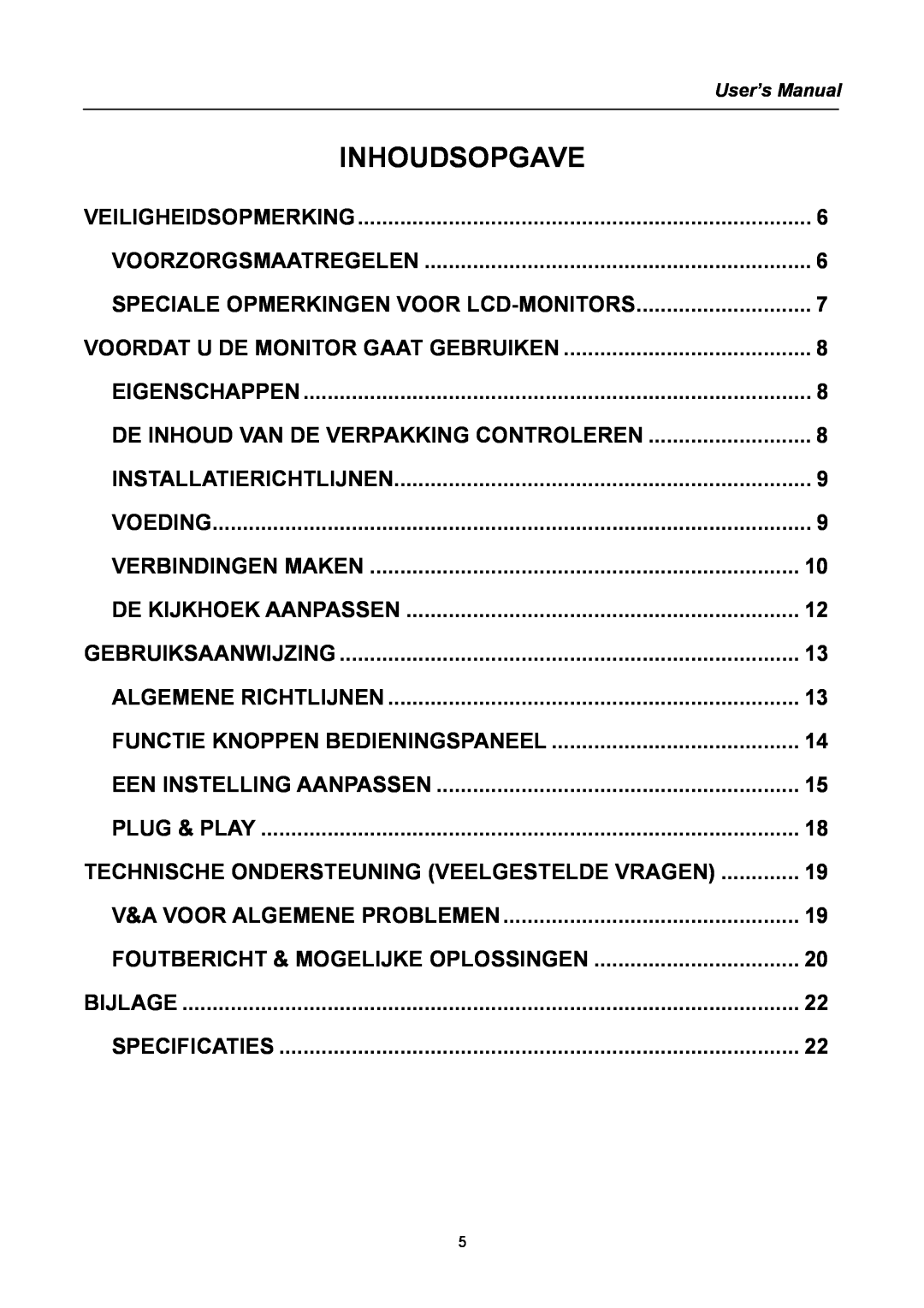 Hanns.G HW222, HW223 manual Inhoudsopgave 