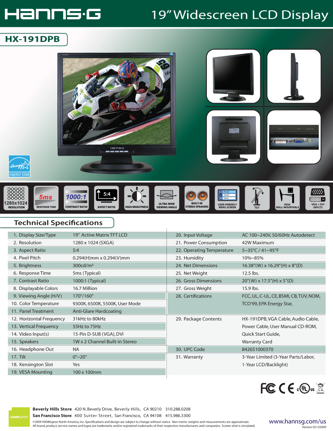 Hanns.G HX-191DPB specifications Widescreen LCD Display, Technical Specications, 1280x1024, Beverly Hills Store 