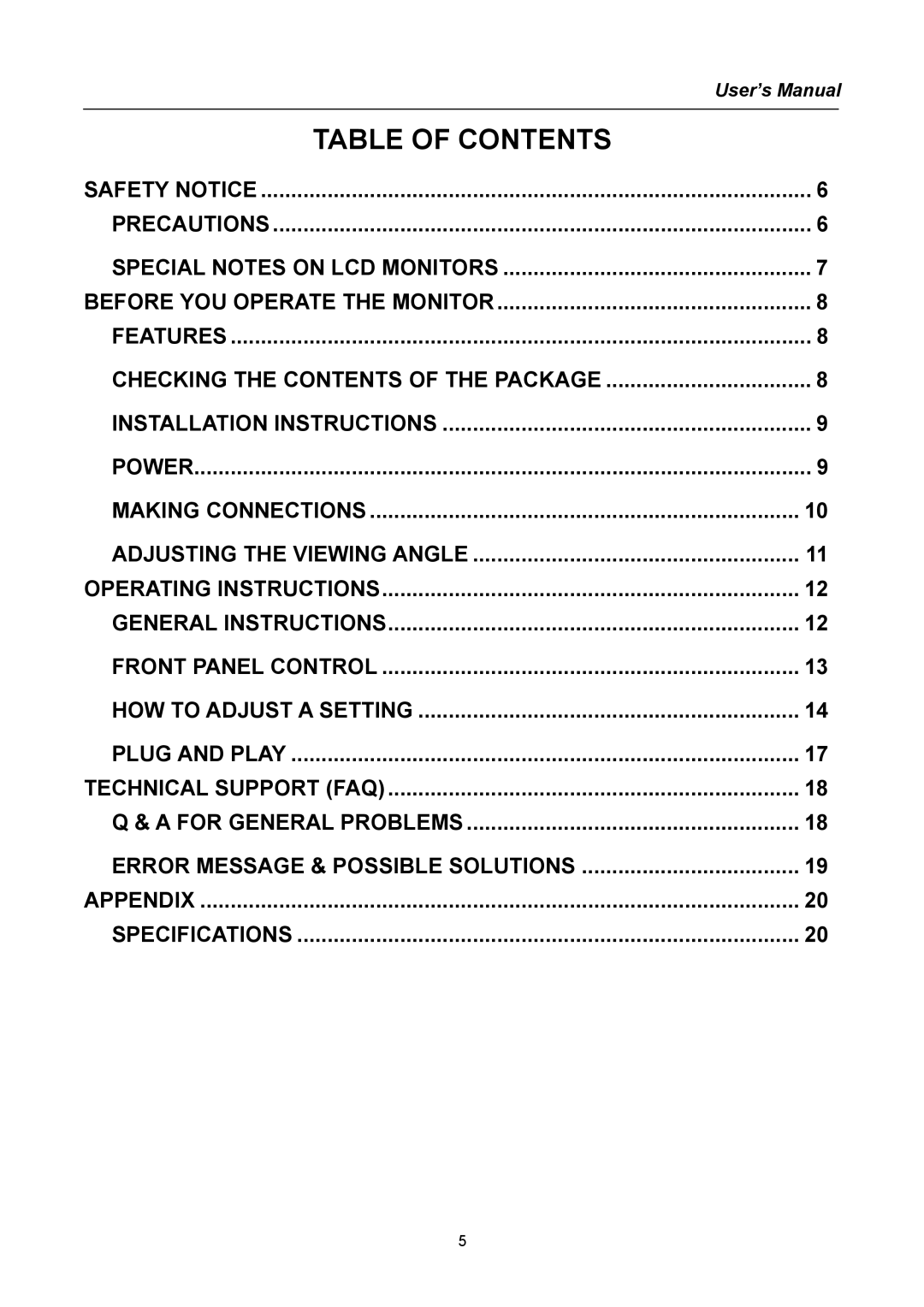 Hanns.G HX191 user manual Table of Contents 