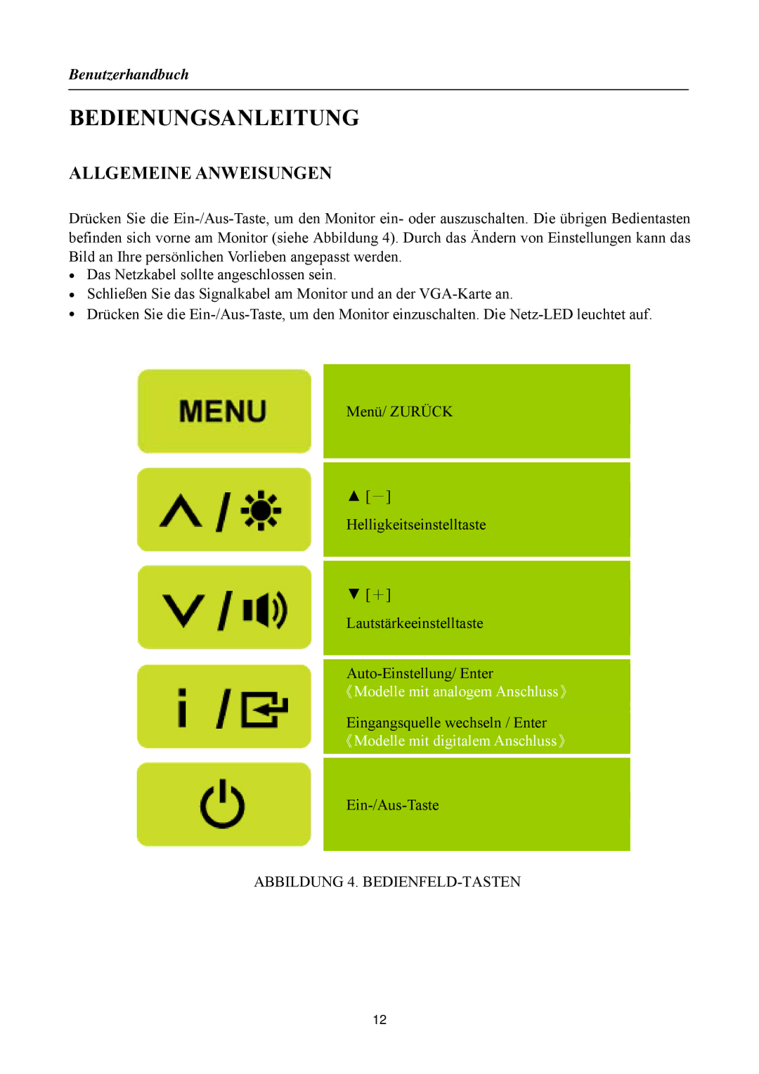 Hanns.G HZ251, HZ281, HZ194/HZ201, HZ231 manual Bedienungsanleitung, Allgemeine Anweisungen, Abbildung 4. BEDIENFELD-TASTEN 