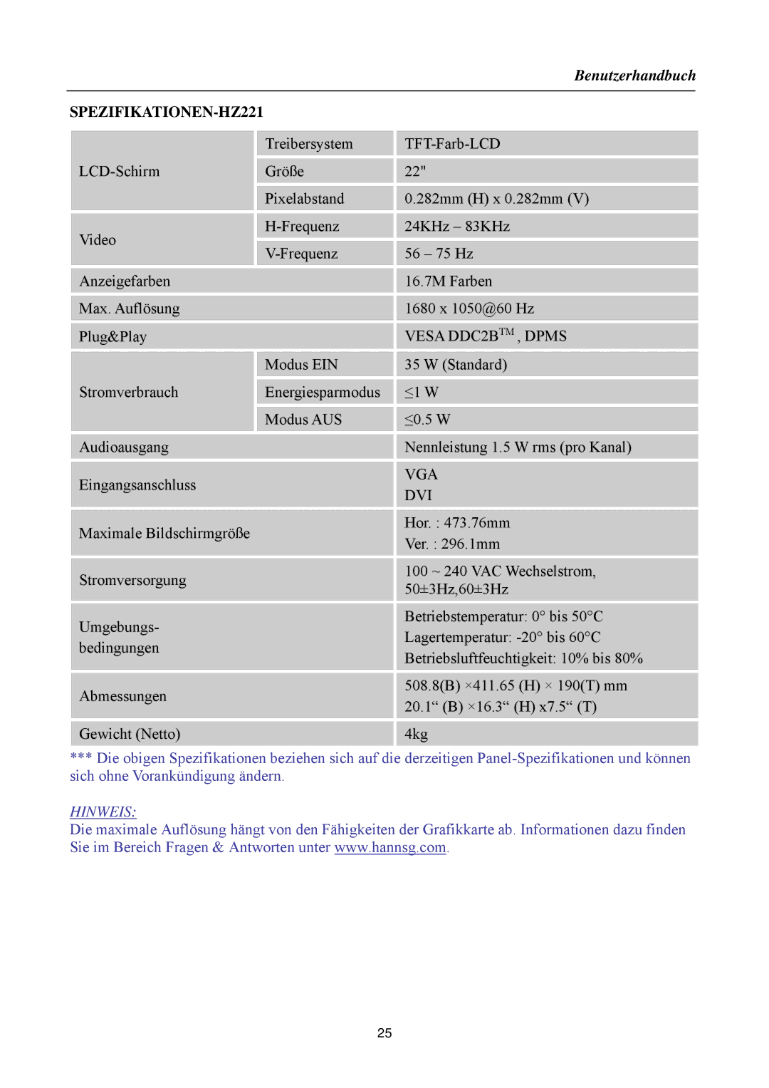 Hanns.G HZ194/HZ201, HZ221/HZ231, HZ251/HZ281, HSG 1085/ HSG 1084, HSG 1088/ HSG 1083 SPEZIFIKATIONEN-HZ221, Vga Dvi 