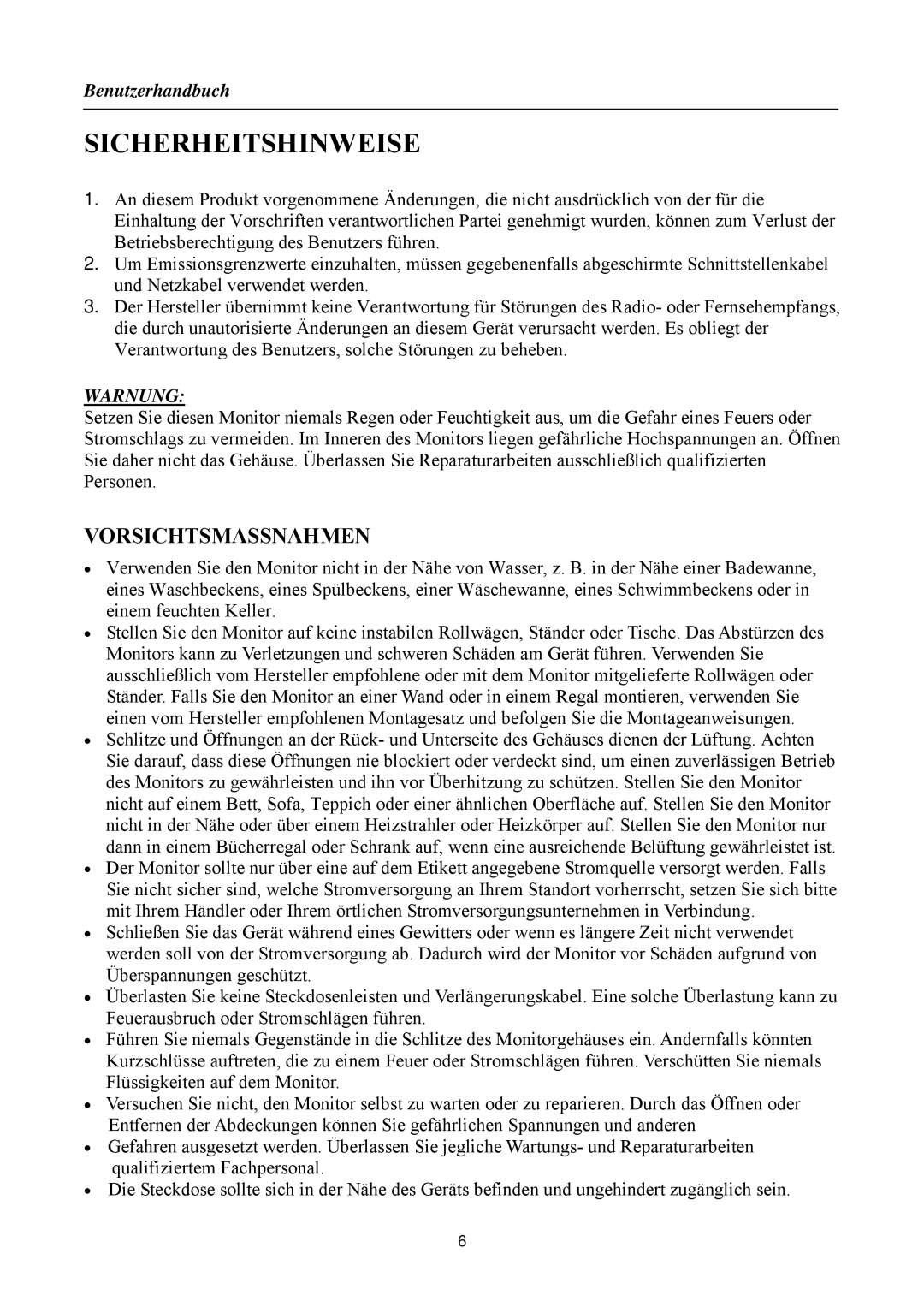 Hanns.G HZ251/HZ281, HZ194/HZ201, HZ221/HZ231, HSG 1085/ HSG 1084 manual Sicherheitshinweise, Vorsichtsmassnahmen, Warnung 