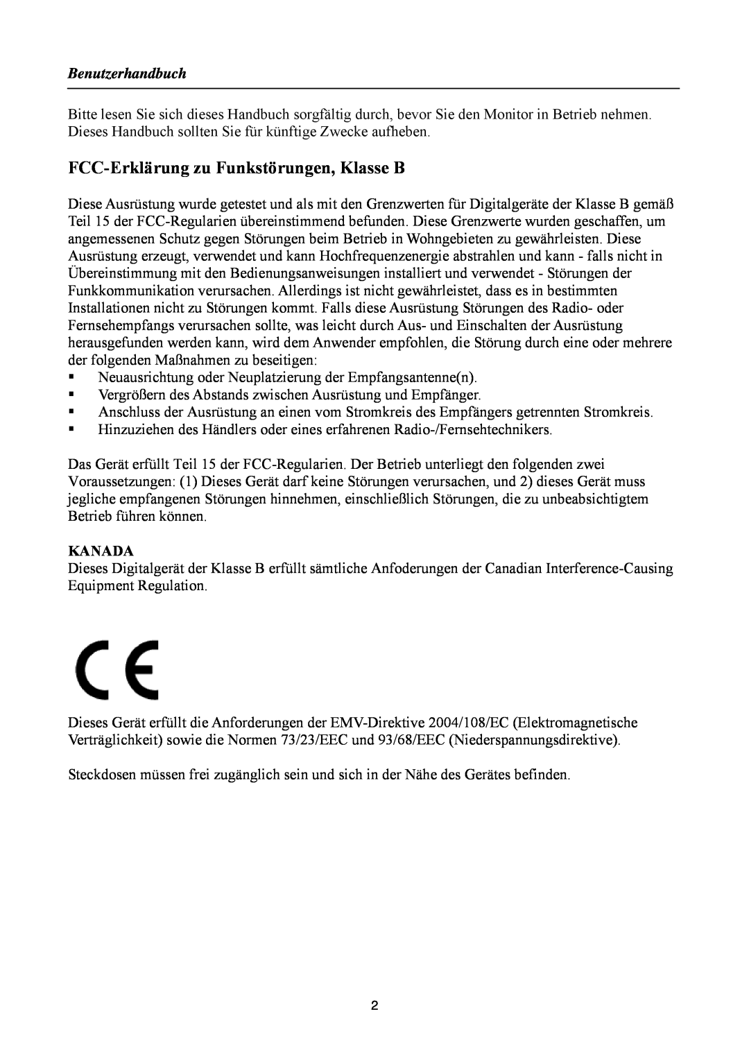 Hanns.G HZ281, HZ251, HZ194/HZ201, HZ221/HZ231 manual FCC-Erklärung zu Funkstörungen, Klasse B, Benutzerhandbuch, Kanada 