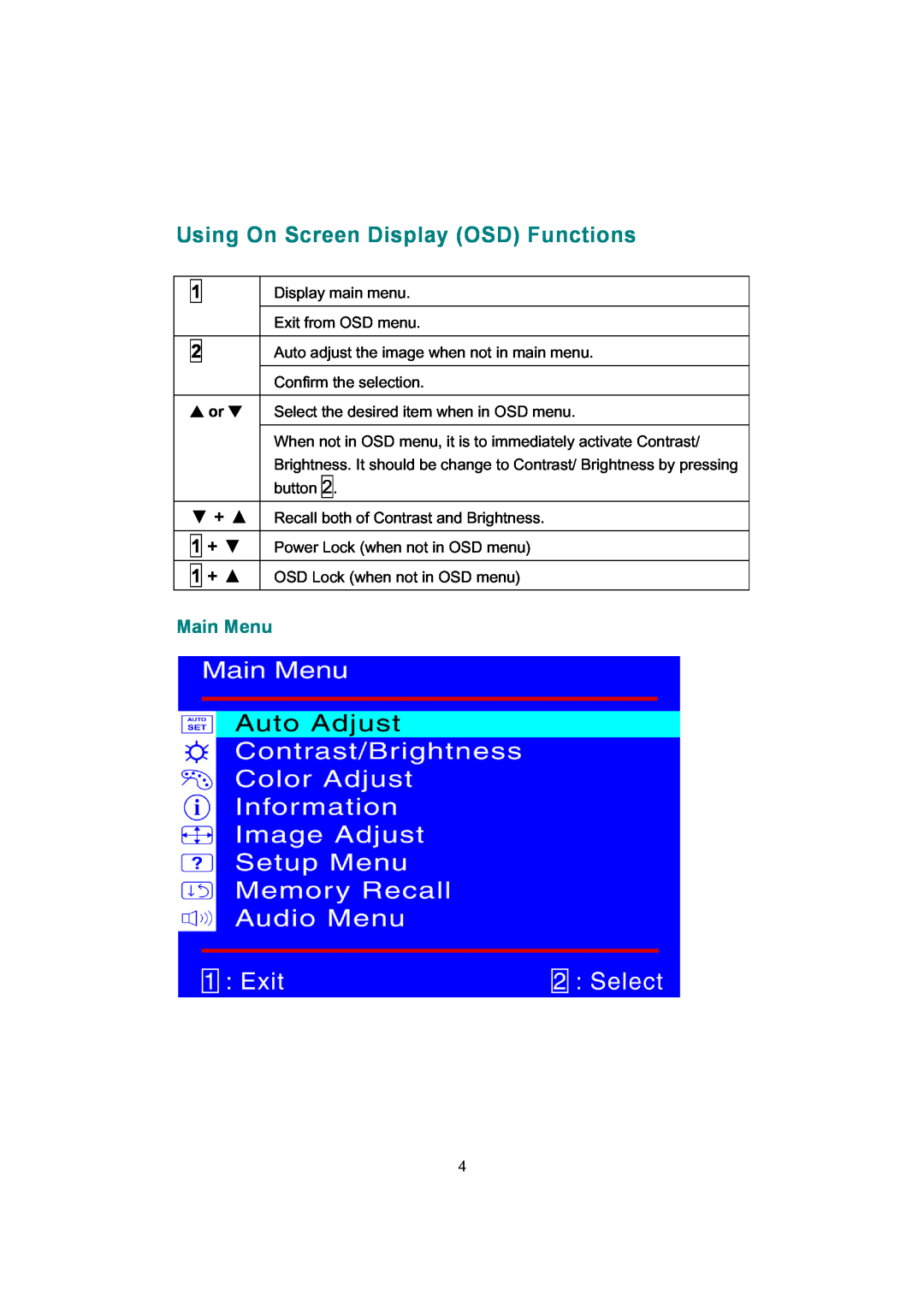 Hanns.G JC199APB manual Using On Screen Display OSD Functions, Main Menu 