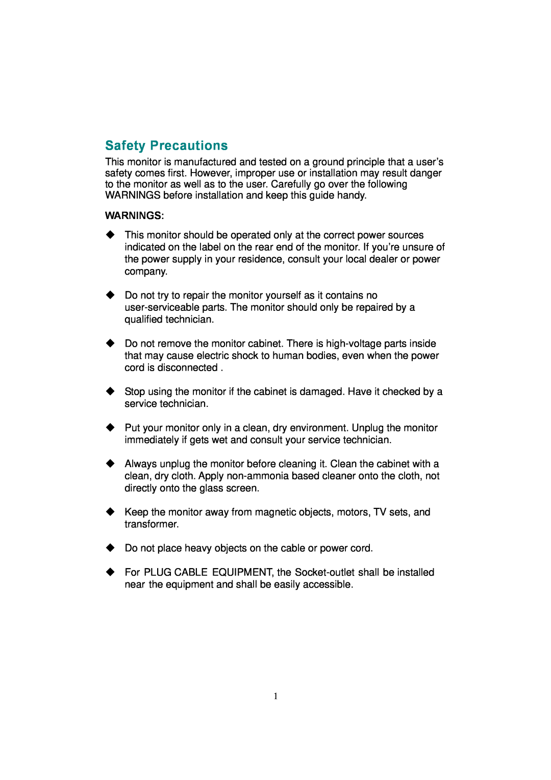 Hanns.G JG171A manual Safety Precautions, Warnings 