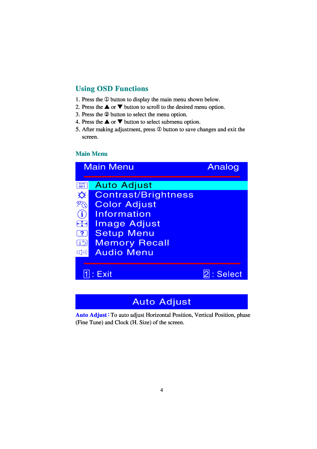 Hanns.G JG191A manual Using OSD Functions, Main Menu 