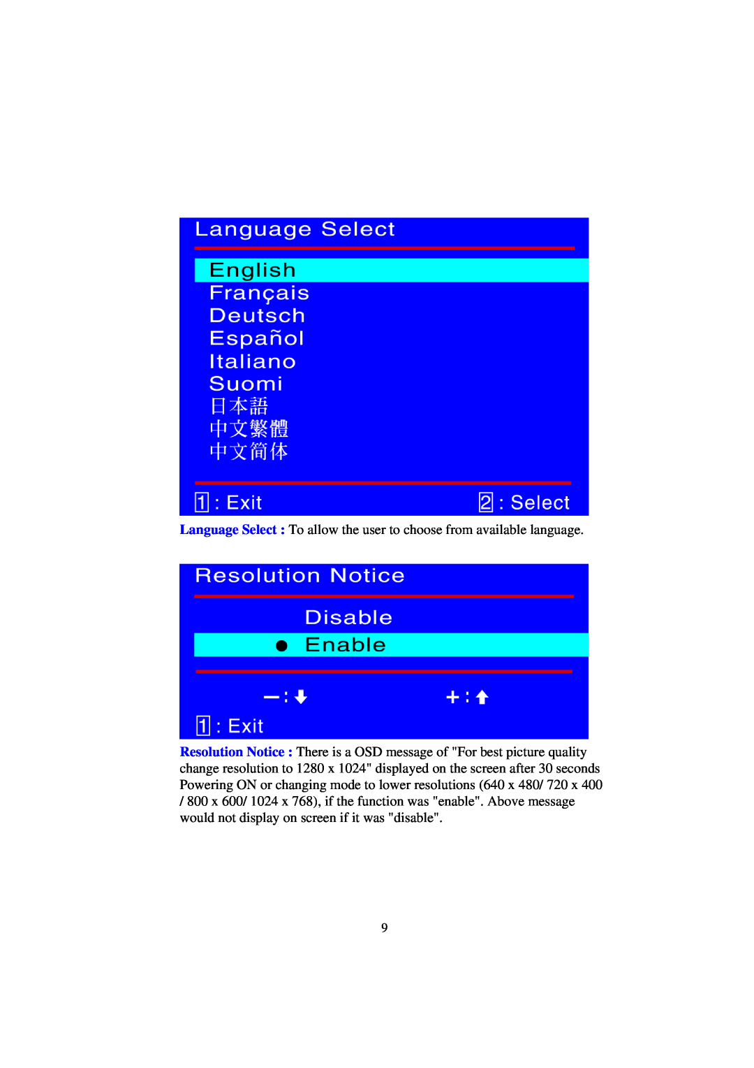 Hanns.G JG191A manual Language Select To allow the user to choose from available language 