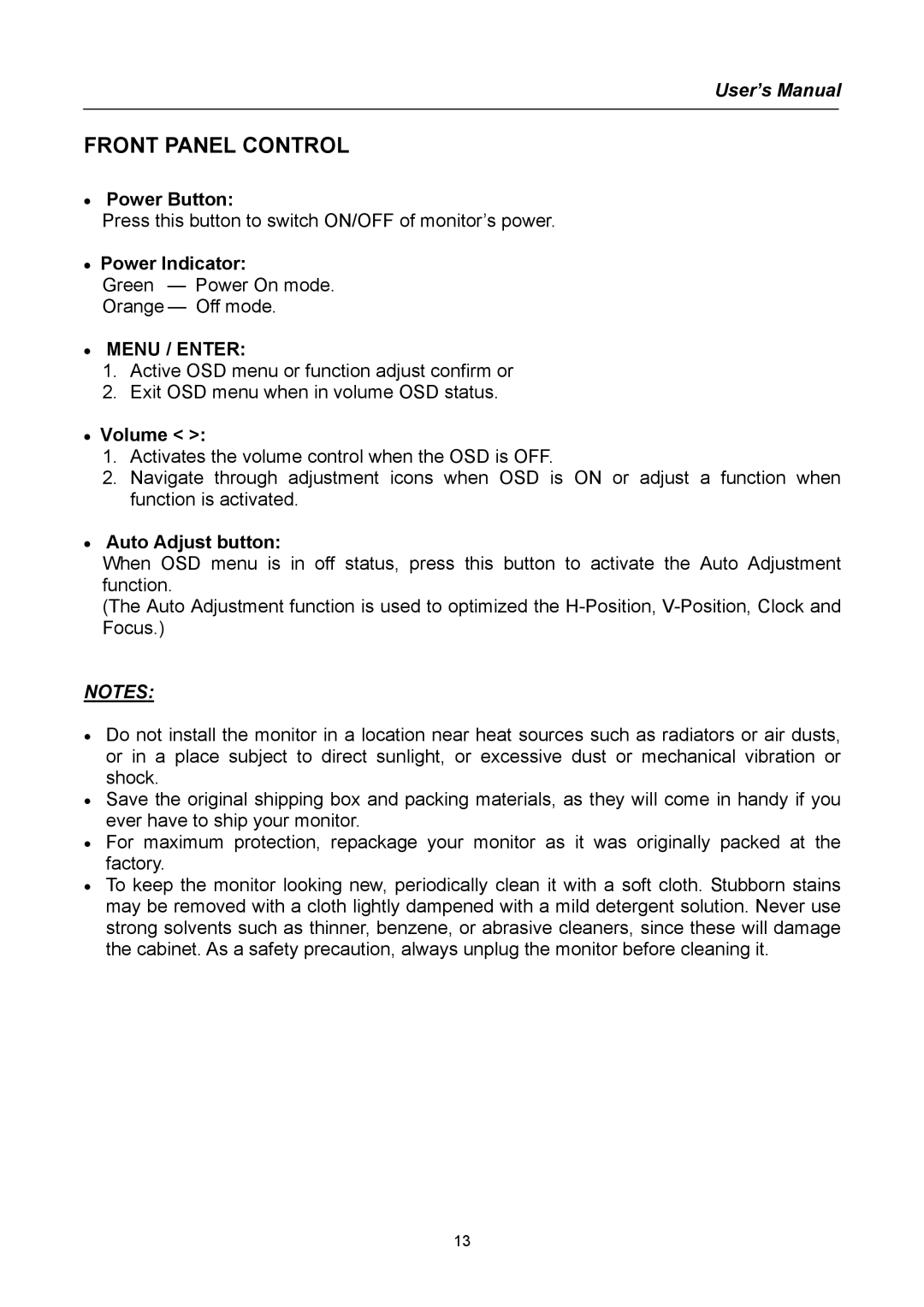 Hanns.G TFT LCD Monitor user manual Front Panel Control, Power Button, Power Indicator, Volume, Auto Adjust button 