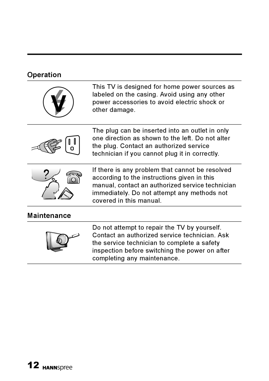 HANNspree 15 Liquid Crystal Display Television user manual Operation, Maintenance 