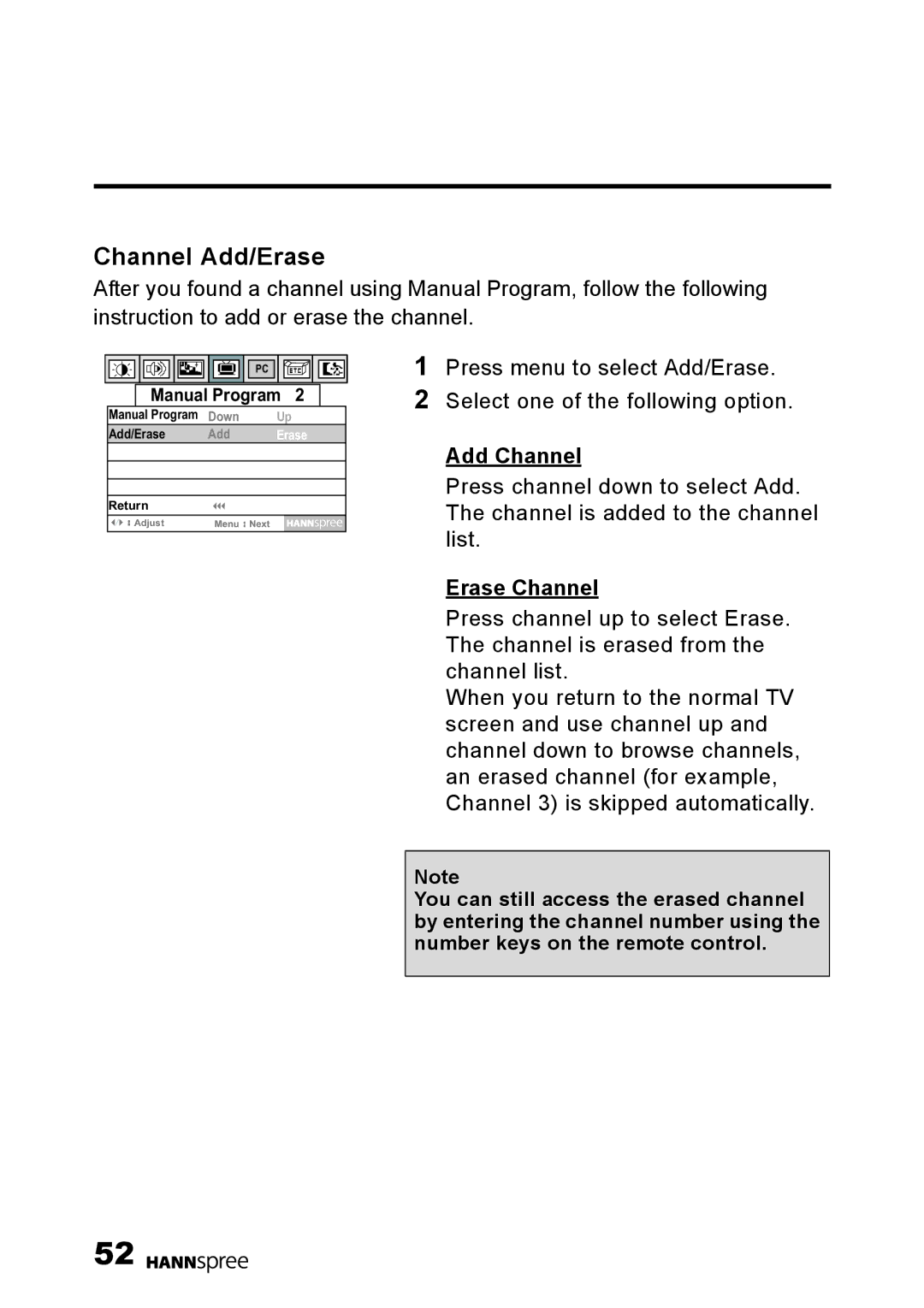 HANNspree 15 Liquid Crystal Display Television user manual Channel Add/Erase, Add Channel, Erase Channel 