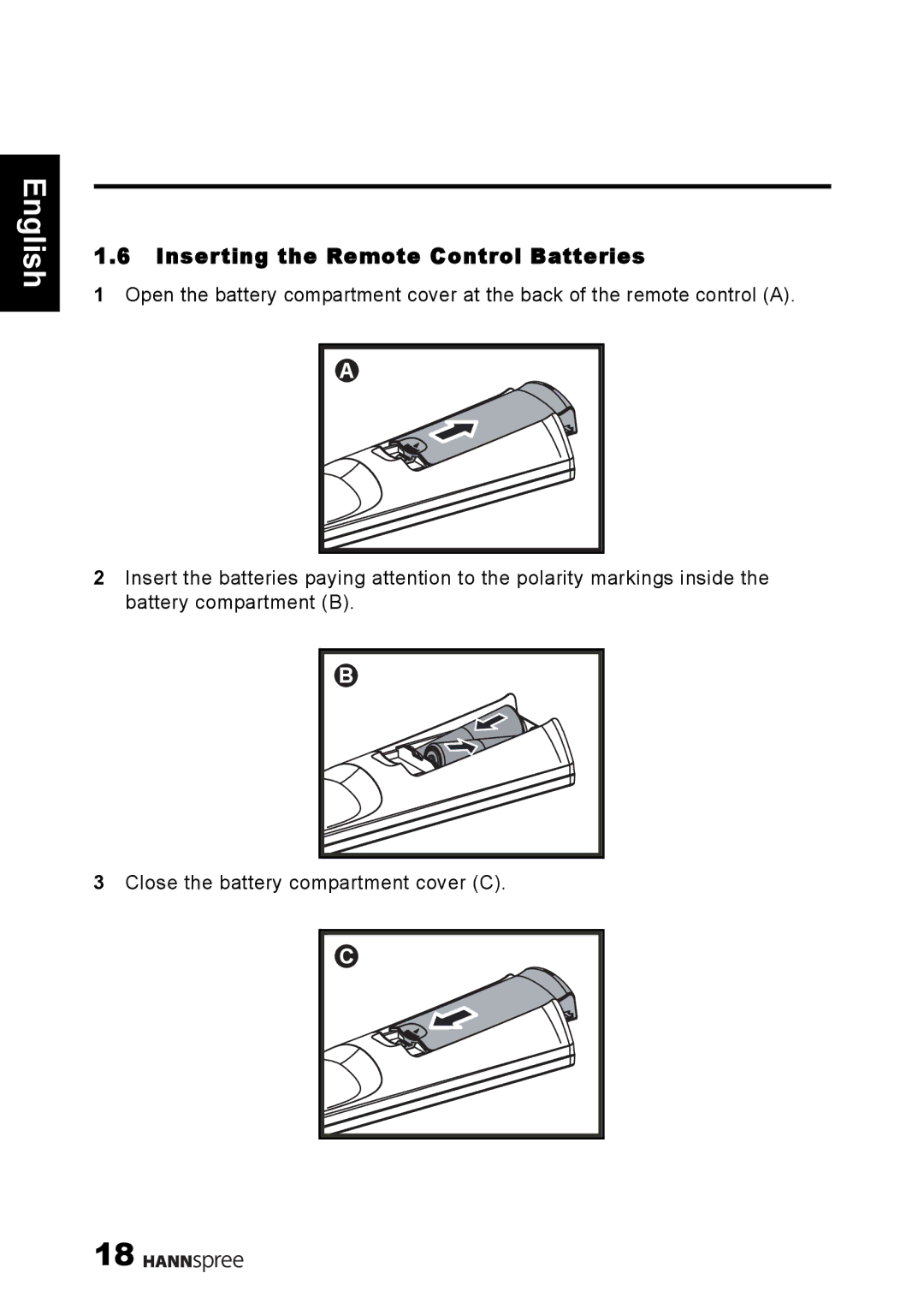 HANNspree 1506-060B000 manual Inserting the Remote Control Batteries 