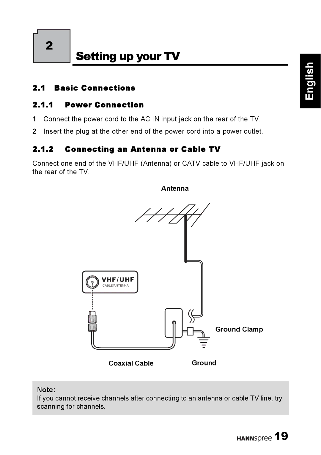 HANNspree 1506-060B000 manual Setting up your TV, Basic Connections Power Connection, Connecting an Antenna or Cable TV 