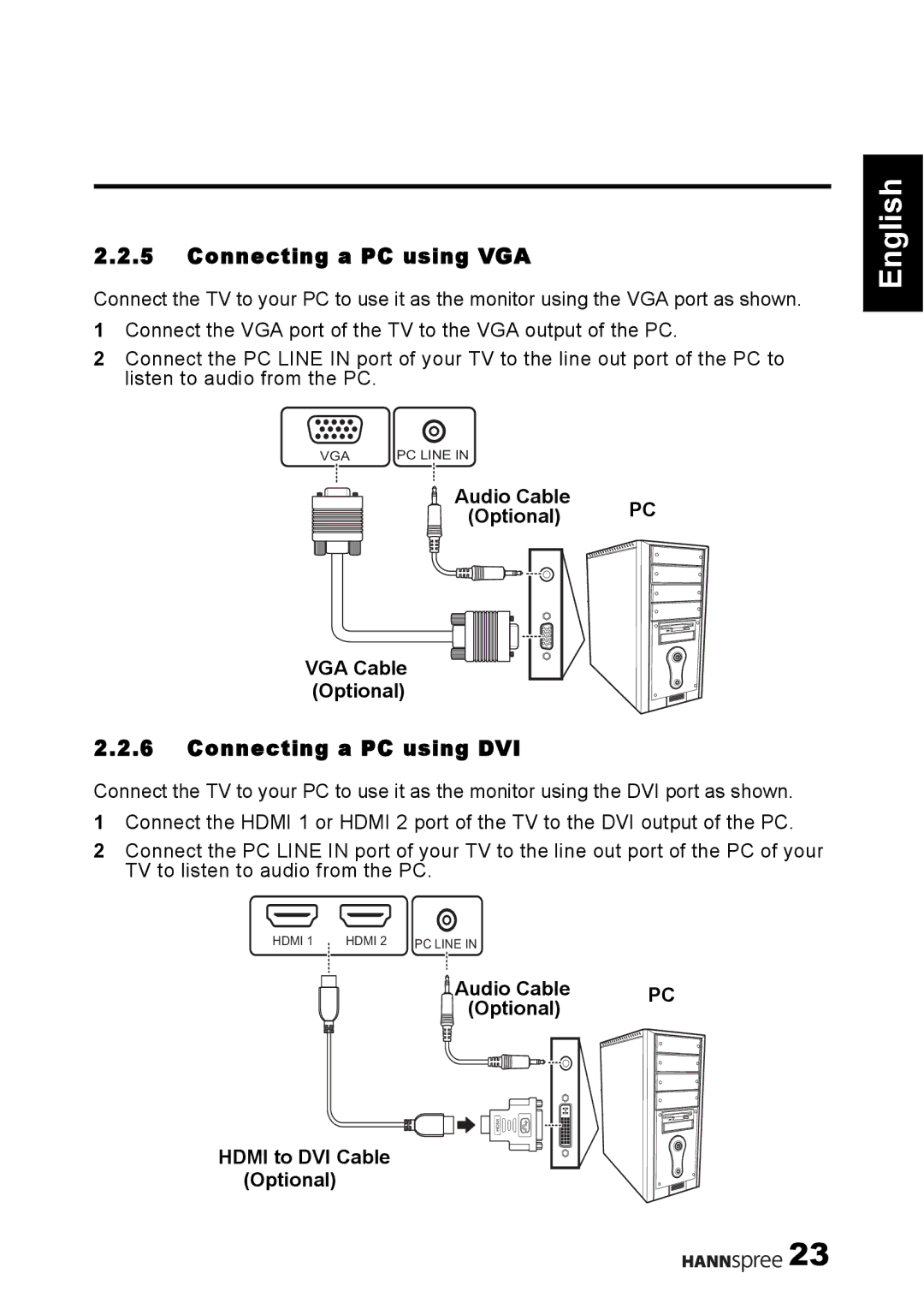 HANNspree 1506-060B000 manual Connecting a PC using VGA, Connecting a PC using DVI 