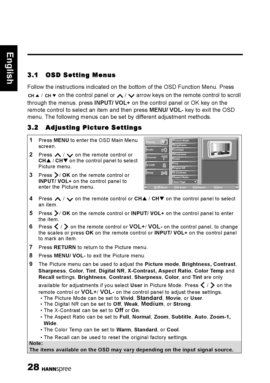 HANNspree 1506-060B000 manual OSD Setting Menus, Adjusting Picture Settings 