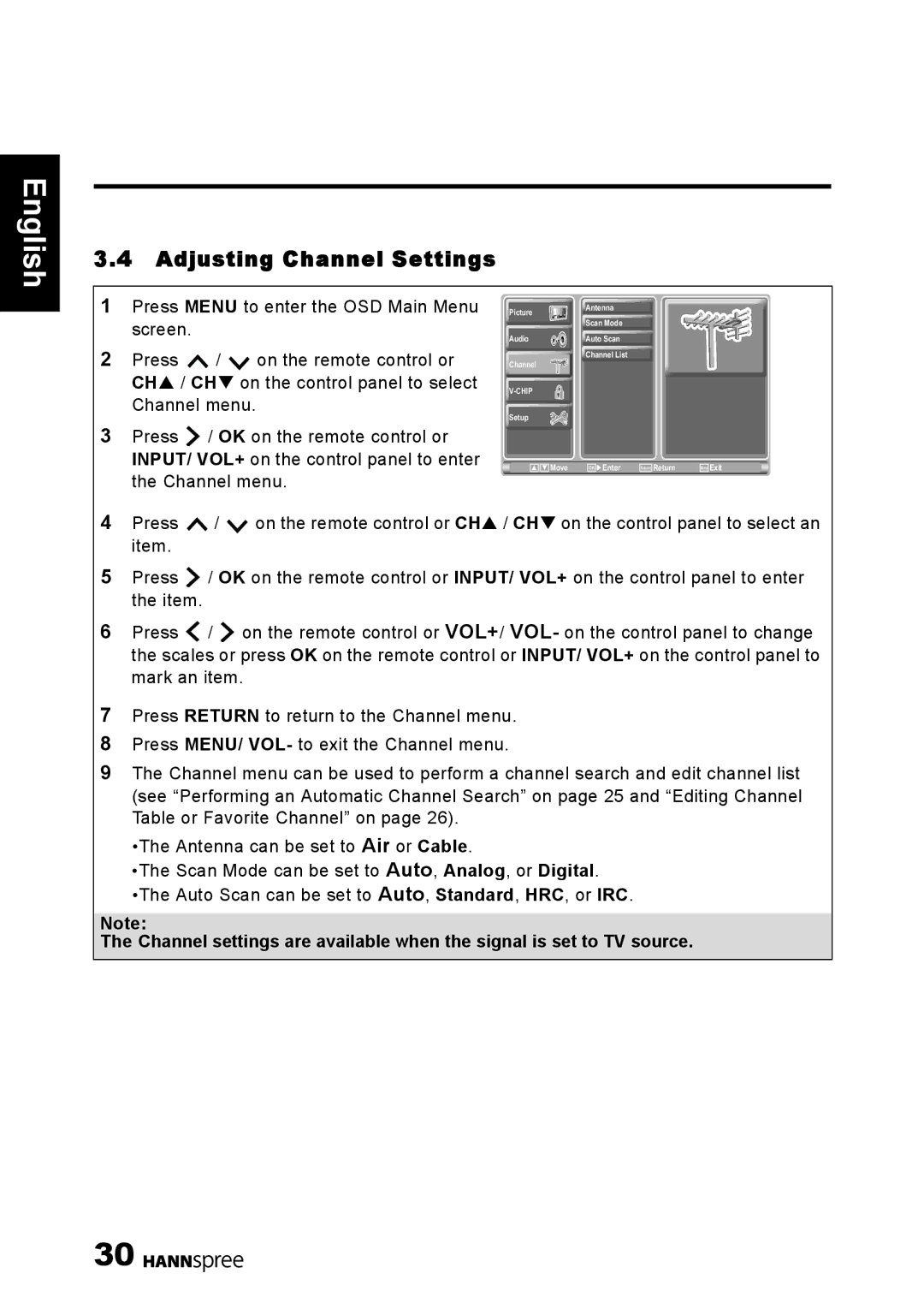 HANNspree 1506-060B000 manual Adjusting Channel Settings, Channel menu 