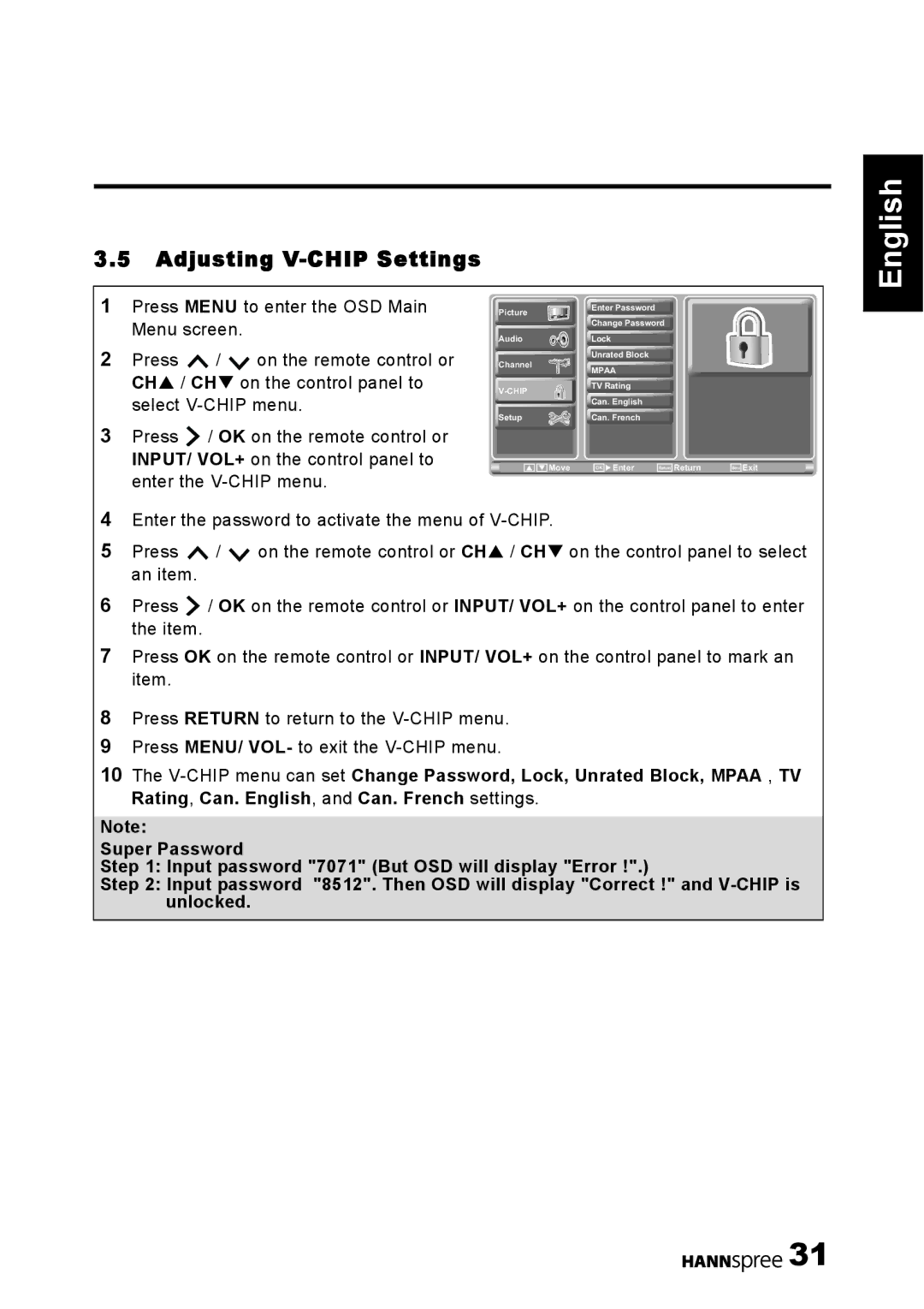 HANNspree 1506-060B000 manual Adjusting V-CHIP Settings 