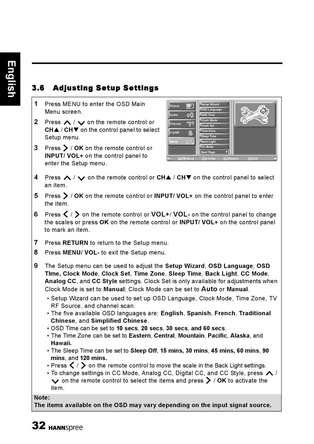 HANNspree 1506-060B000 manual Adjusting Setup Settings, Enter the Setup menu 