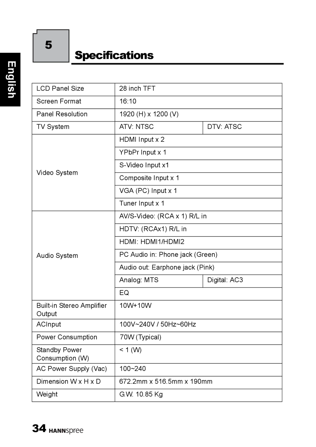 HANNspree 1506-060B000 manual Specifications, ATV Ntsc DTV Atsc 