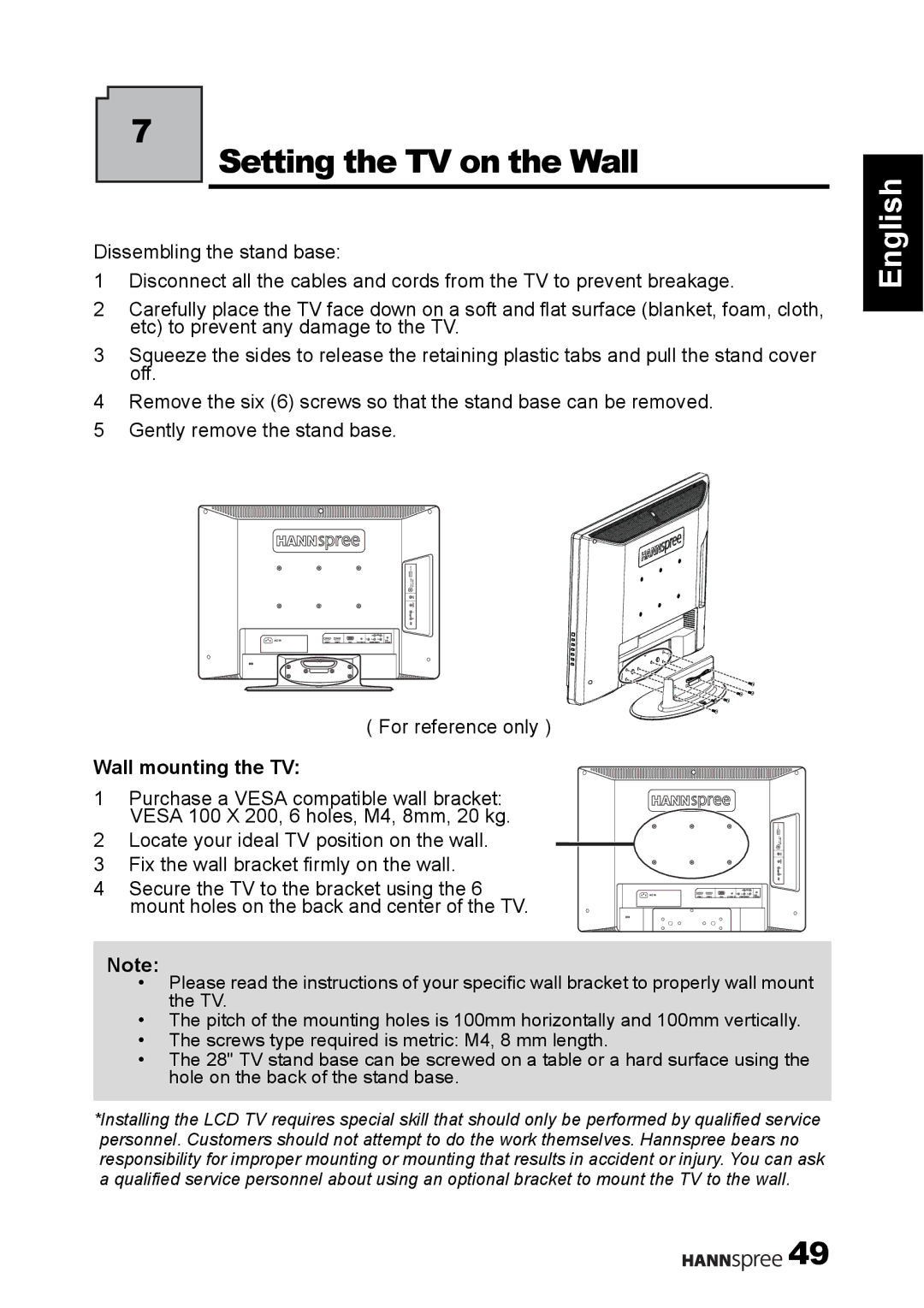 HANNspree 1506-060B000 manual Setting the TV on the Wall, Wall mounting the TV 