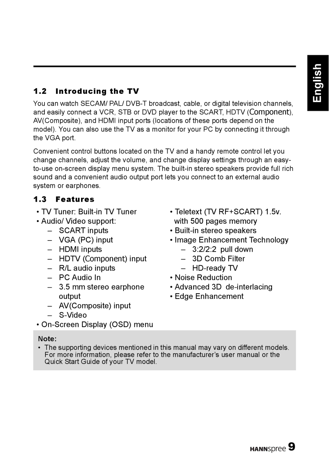 HANNspree 1506-0B86000 manual Introducing the TV, Features 