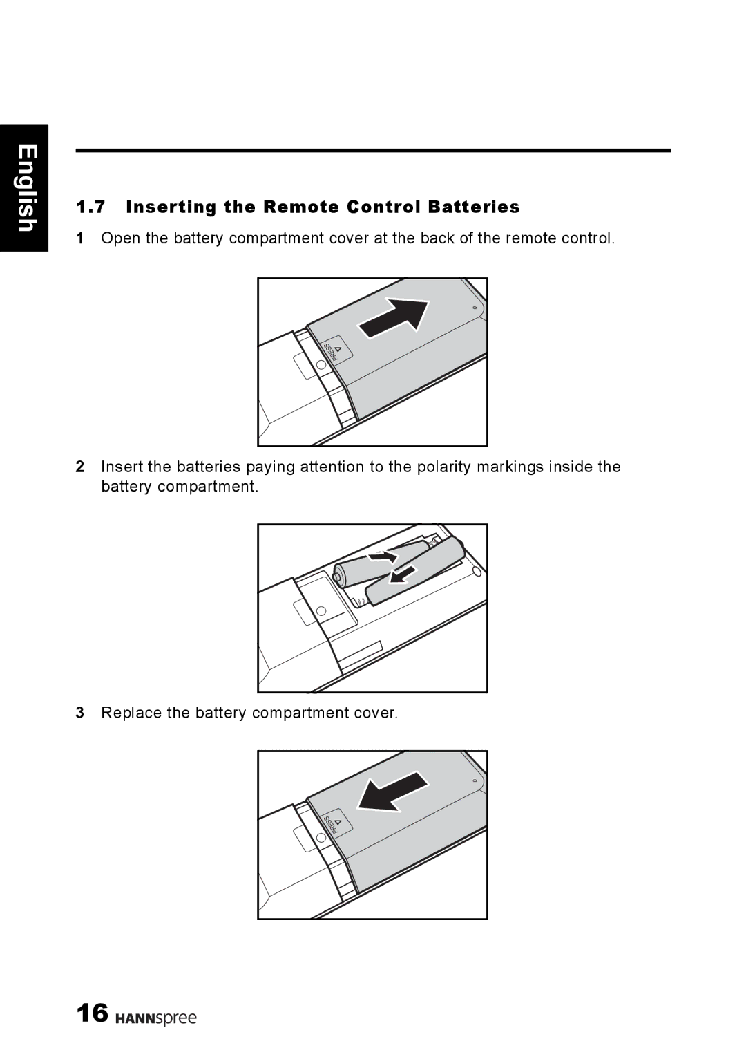 HANNspree 1506-0B86000 manual Inserting the Remote Control Batteries 